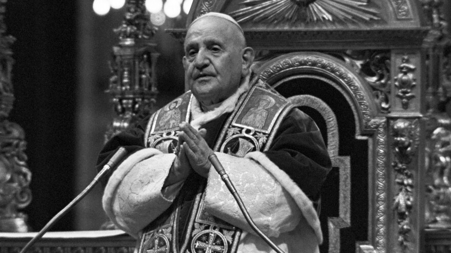 Pope John XXIII, standing in front of his throne on Dec. 8, 1962, at a ceremony for the Second Vactican Council, which addressed the church's relations with the modern world.