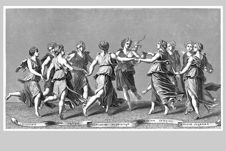 Engraving Of Apollo And The Muses From Ancient Greek Mythology Made In 1882.