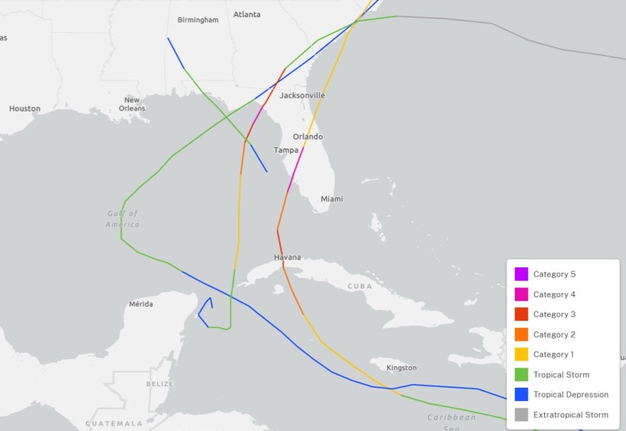 Tropical cyclone tracks for August landfalls in Florida.