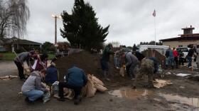 A group of people with shovels fill bags with dirt on an overcast day.