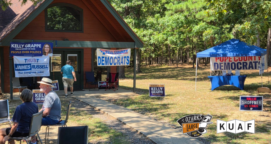 Signs promote Democratic candidates on the November ballot outside a cabin at Mount Nebo State Park during the park’s annual chicken fry on Aug. 29, 2026.