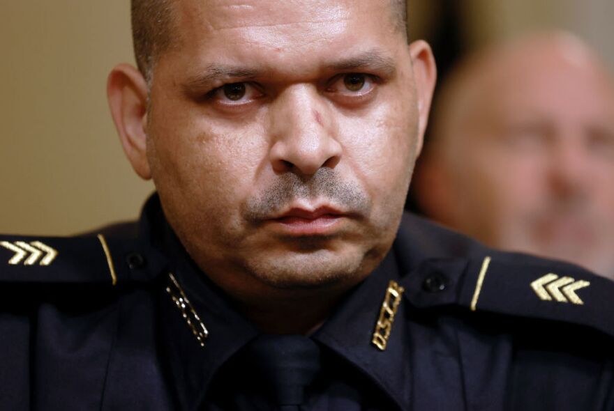 U.S. Capitol Police Sgt. Aquilino Gonell testified last July before the U.S. House Select Committee investigating the Jan. 6 attack on the U.S. Capitol. Authorities say some 140 police officers were injured during the insurrection.