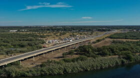 Aerial view of the Ciudad Acuna-Del Rio International Bridge over the Rio Grande river, as seen from Ciudad Acuna, Coahuila state, Mexico.