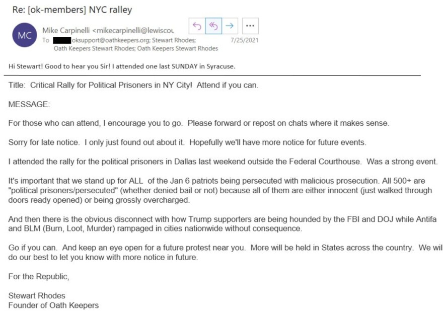  Sheriff Mike Carpinelli wrote an email to Oath Keepers Founder Stewart Rhodes from his county email address, telling Rhodes he had attended a previous rally for people charged in connection to the Jan. 6 attack on the U.S. Capitol.