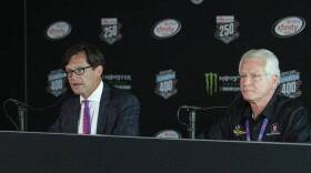 Indianapolis Motor Speedway President Doug Boles (left) and Medical Director Dr. Geoffrey Billows (right) talk to the media.