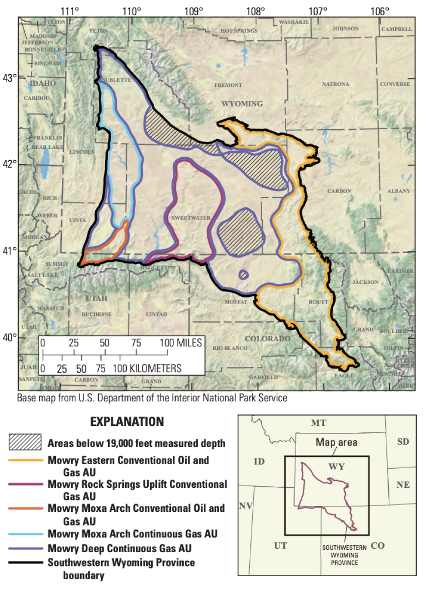 A map of the US with an outline around southwest Wyoming, northwest Colorado and a sliver of Utah.