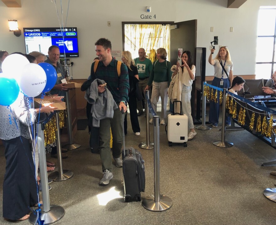 Passengers arrving on the inaugural United Airlines Chicago to Santa Barbara nonstop flight service Monday get VIP treatment at Santa Barbara Airport with cookies and airline swag.