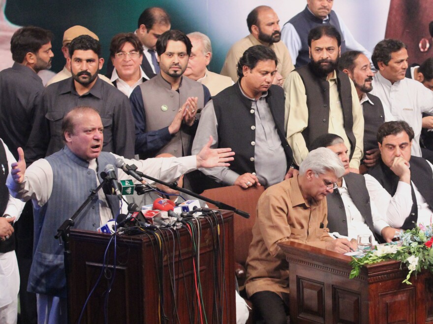 Ousted Pakistani Prime Minister Nawaz Sharif addresses his party workers' convention Oct. 4 in Lahore.