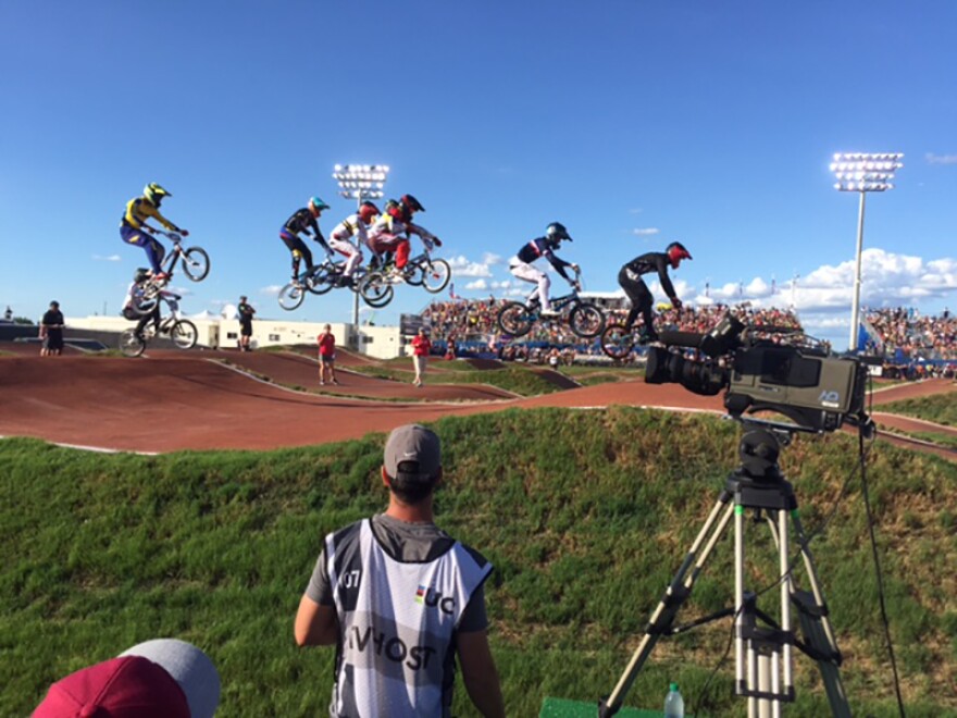 Bicycle racers from around the world fly through the air as part of the BMX World Championships held recently in Rock Hill.