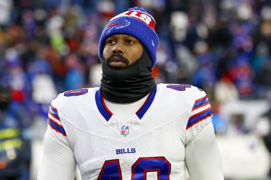 FILE - Buffalo Bills linebacker Von Miller (40) reacts after being defeated 23-16 by the New England Patriots in an NFL football game, Sunday, Jan. 5, 2025, in Foxborough, Mass. (AP Photo/Greg M. Cooper, File)