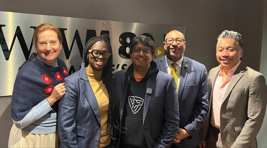 UW-Milwaukee Chancellor Gibson, (middle right) GOLD Award winner Oby Nwabuzor ’16, (middle left) Impact Award winner Deepak Arora ’22, (center) Vice Chancellor for University Advancement Joan Nesbitt, (far left) WUWM President and General Manager, David Lee