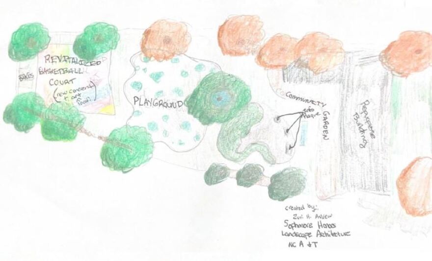 North Carolina A&T State University student Zuri Askew's sketch of a reinvigorated green space at the former Coronado School in Norfolk.