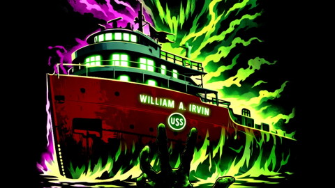 Dark posted with a neon image of a large ship and a ghostly face advertising the Duluth Haunted Ship