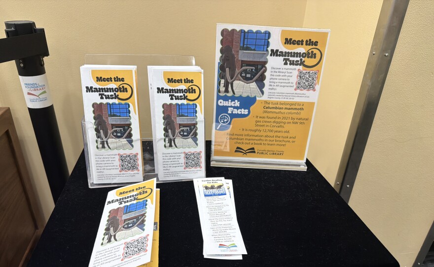 Informational pamphlets about the Columbian Mammoth tusk at the Corvallis-Benton County Public Library, Aug. 7, 2026.