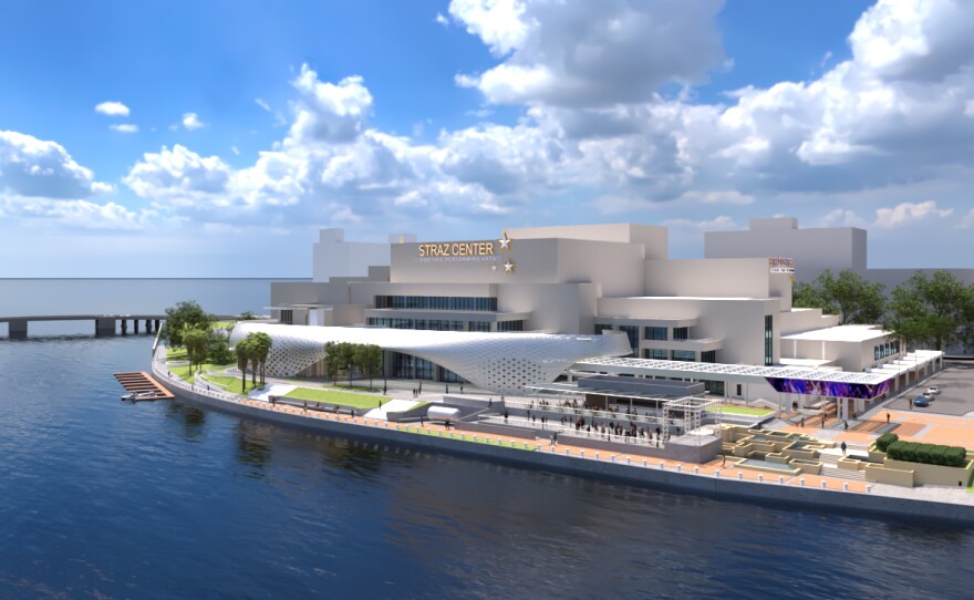 An AI-generated image shows a tan big building, with a white terrace, overlooking a river with blue skies.