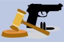 An illustration depicts a wooden gavel and gavel stand in the foreground. Behind the gavel is a black gun, with three bullets resting beneath the gun. The background of the illustration is pale blue.