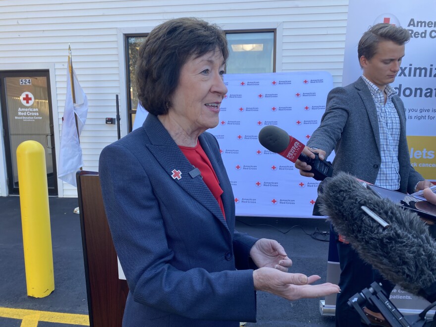 Sen. Collins speaks with the media after a ribbon cutting event at a Red Cross center in Portland on Monday, October 6th, 2025.