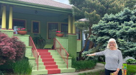Karen Richards, on the trail of kit houses in the Lakeside neighborhood, pointing out some of the distinctive exterior features.