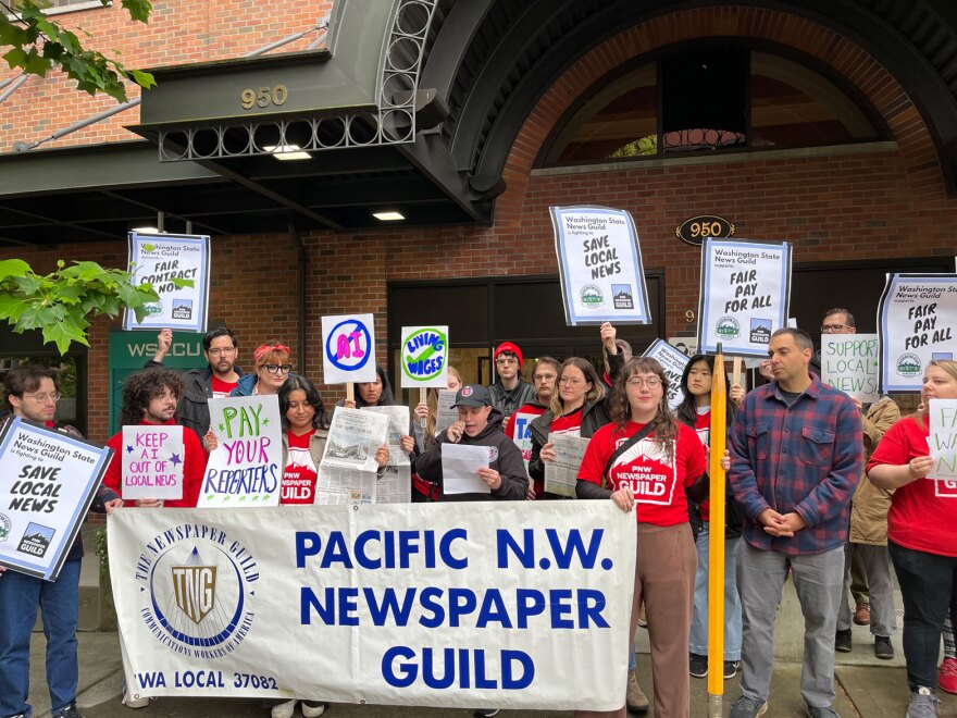 Striking journalists from The Tacoma News Tribune and The Olympian held a picket and press conference in Tacoma on Tuesday, May 26, 2026.
