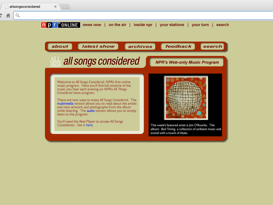 Robin's redesign demo for <em>All Songs Considered</em> from 2000. (Don't laugh, this looked pretty cool 15 years ago).