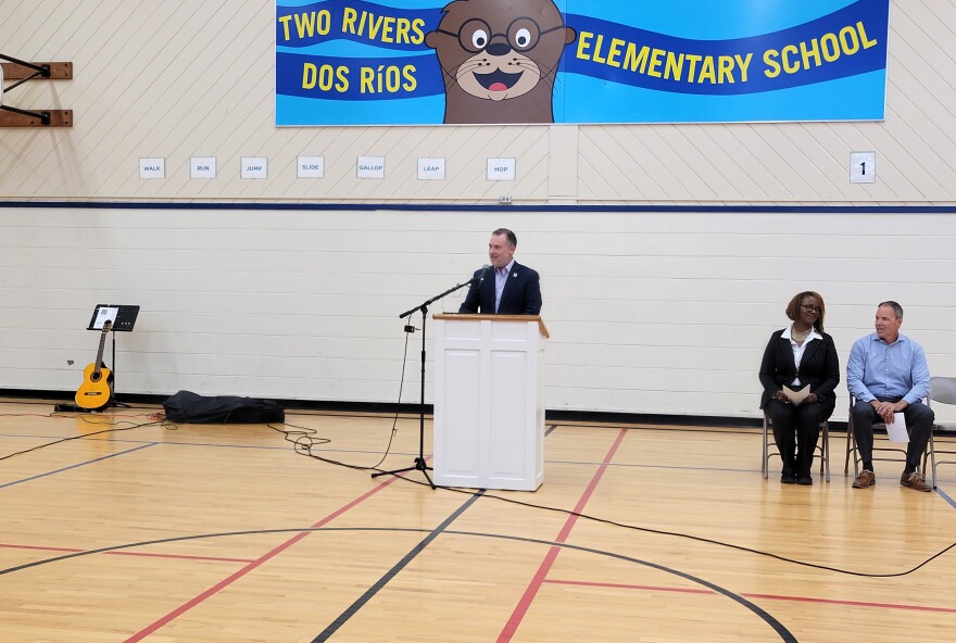 Superintendent Todd Hamilton, center, speaks during a teacher of the year ceremony in October, 2025. Pictured right is Director of the Oregon Department of Education Charlene Williams. On Monday the Springfield School Board announced it that the board chair would negotiate Hamilton's resignation.