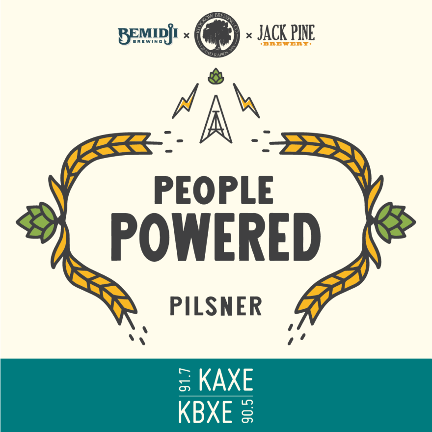 Bright graphic with depictions of hops celebrate locally brewed beer to celebrate 50 years of KAXE community radio.