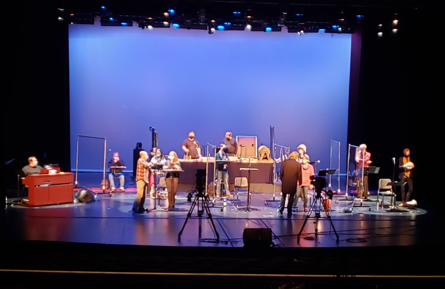 The cast of West Virginia Public Theatre's 2020 production of 'A Christmas Carol Live Radio Show' in performance