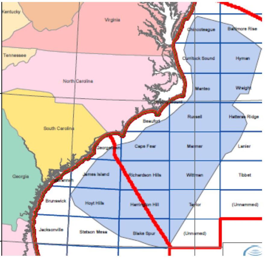 A map shows areas off the N.C. coast where seismic testing is planned, in advance of offshore oil and gas drilling. 
