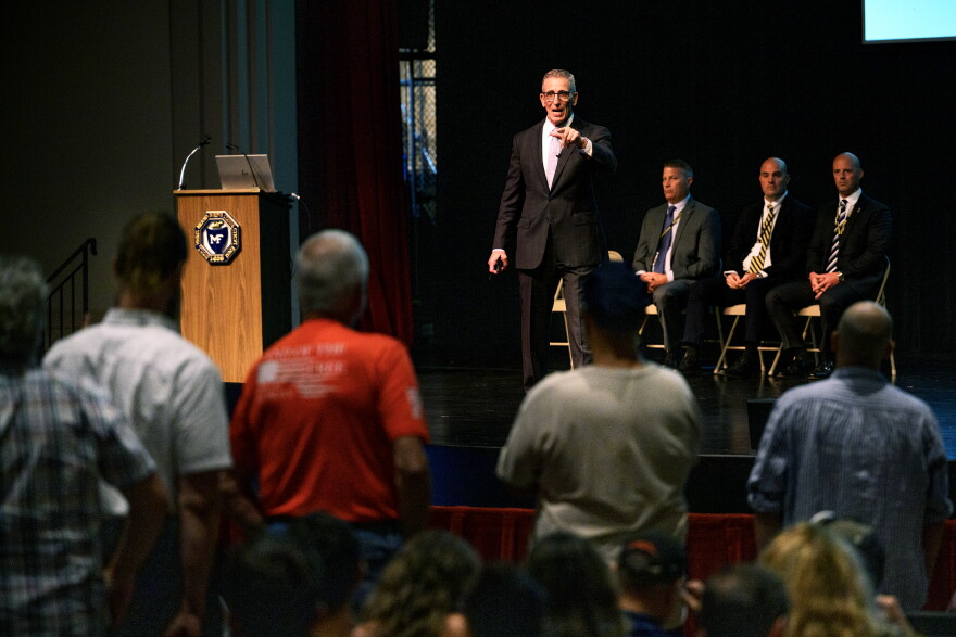 FILE: Milford police chief Keith L. Mello listens to questions and concerns from town residents at a Q&A session at Parsons Government Center on August 20, 2026.