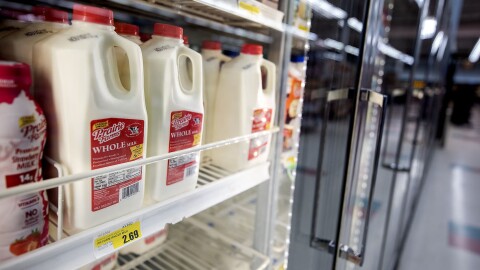 Half gallon cartons of whole milk with red labels are seen on a shelf behind glass.