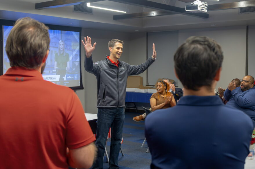 Arkansas Senator Tom Cotton addresses supporters at Republican Party headquarters in downtown Little Rock Tuesday evening after being declared winner of his party’s primary.