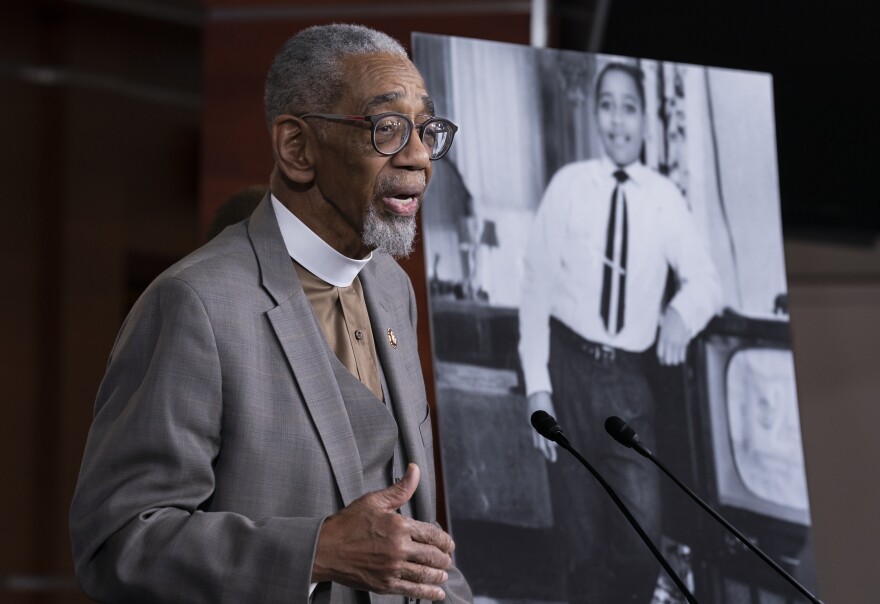 Rep. Bobby Rush, D-Ill., speaks during a news conference about the "Emmett Till Antilynching Act" which would designate lynching as a hate crime under federal law, on Capitol Hill in Washington, Wednesday, Feb. 26, 2020. Emmett Till, pictured at right, was a 14-year-old African-American who was lynched in Mississippi in 1955, after being accused of offending a white woman in her family's grocery store. (AP Photo/J. Scott Applewhite)