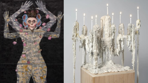 A mixed media painting on the left of a person with their arms raised and a menorah on the right with excess wax. 