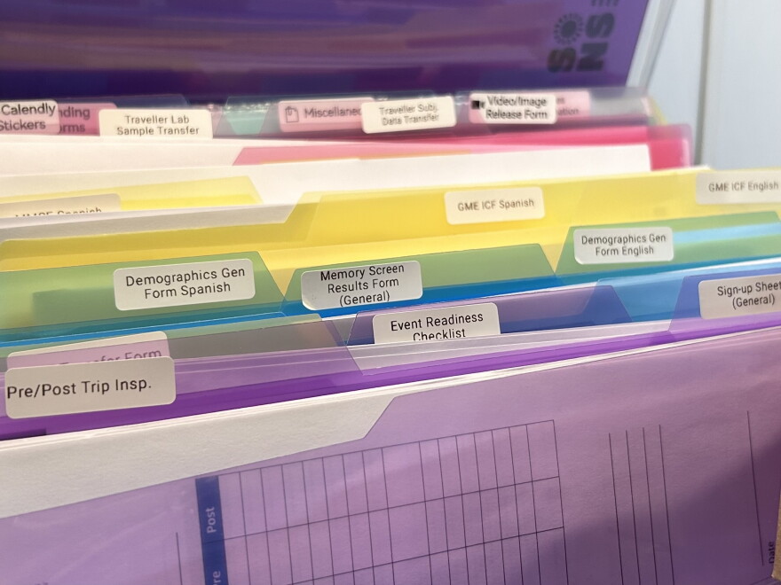 The mobile research unit maintains files for memory screening procedures. (Catherine Chapman/WUFT News)