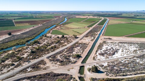 The All American Canal, the largest diversion on the Colorado River, passes through Winterhaven, CA on its way to the Imperial Valley. The Colorado River is seen flowing next to it.