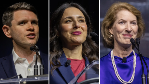 Democrats at the top of Texas' statewide ticket this November. From left: James Talarico, running for the U.S. Senate, gubernatorial candidate Gina Hinojosa and Vikki Goodwin, vying for lieutenant governor.
