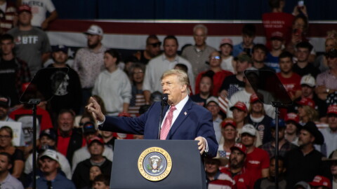 President Donald Trump speaking to the crowd in Wichita.