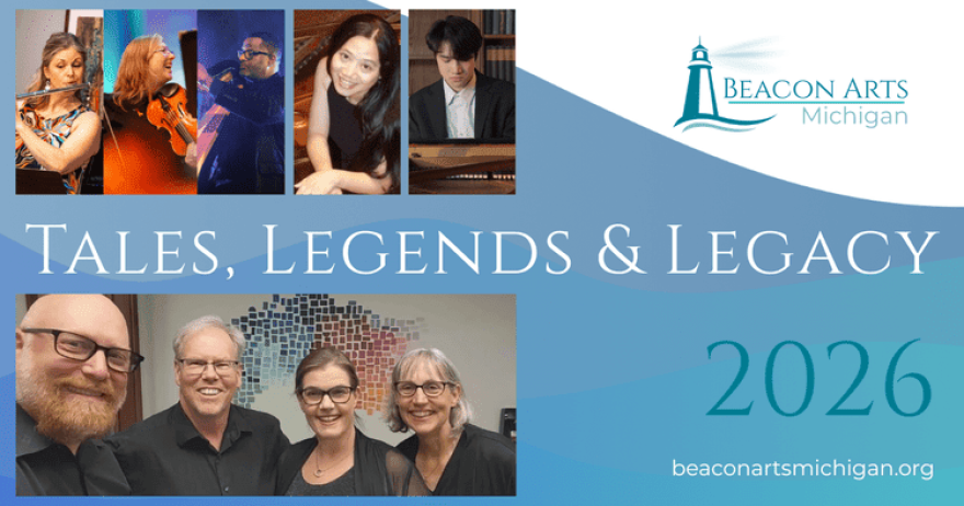Program card for new chamber music series from Beacon Arts Michigan, featuring pictures of the performers over a background of blue and white. The words "Tales, Legends & Legacy" feature prominently, along with the year, 2026.