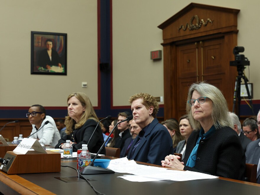 From left, Claudine Gay, president of Harvard University; Liz Magill, president of University of Pennsylvania; Pamela Nadell, professor of history and Jewish studies at American University; and Sally Kornbluth, president of Massachusetts Institute of Technology, testify before the House Education and Workforce Committee on Dec. 5 in Washington, D.C.