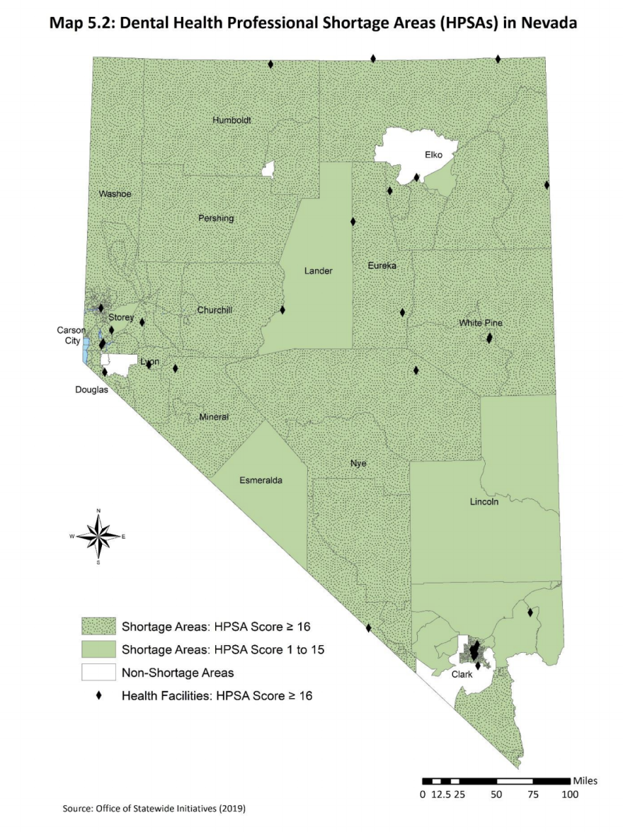 A map of Nevada where a majority of the state is shaded depicting dental Health Professional Shortage Areas in Nevada