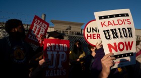 Kaldi’s Coffee workers and supporters rally to announce their effort to unionize with Unite Here Local 74 outside the company’s headquarters and roasters on Wednesday, Nov. 5, 2025, in St. Louis’ Forest Park Southeast neighborhood.
