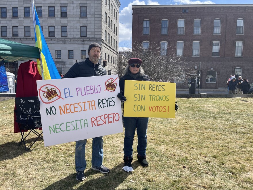 Bill Best (left) and Lorraine Acosta (right) came to Concord from Wilmot to attend a No Kings rally in Concord.