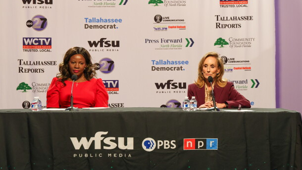 Candidates for Florida House District 9 race Republican Tracy Robinson (left) and Democrat incumbent Allison Tant (right) participate in a candidate forum hosted by the Capital Region News Collaborative and the League of Women Voters of Tallahassee.