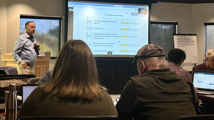 Dave Webb of Homerun Leadership leads a group of community leaders in accessing regional economic priorities at an Oct. 7, 2026, meeting in Grand Rapids.