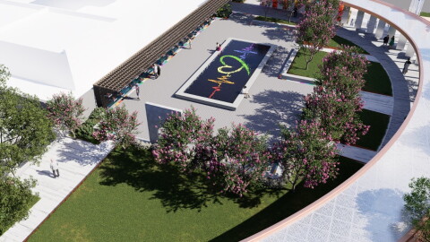 This image, an aerial view of a proposed courtyard, shows part of the conceptual design for the Pulse Memorial.