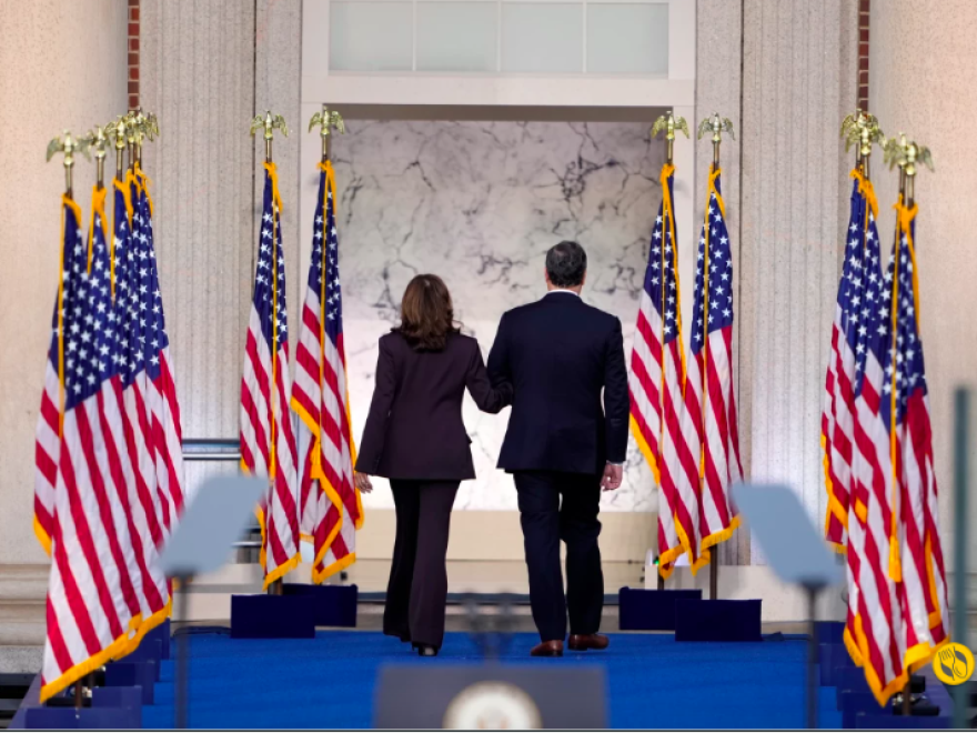 VIce President Kamala Harris and her husband, Doug Emhoff, leave the stage after her concession speech Wednesday afternoon.