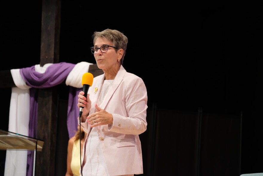 Hollie Noveletsky, whose family owns Novel Iron Works, during the Aug. 13 debate in Brentwood.