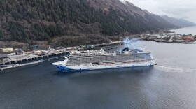 The first cruise ship of the 2025 tourism season in Juneau, the Norwegian Bliss, arrives downtown on Monday, April 14, 2025. (Photo by Clarise Larson/KTOO)