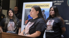 Monica Oothoudt, 27, pleads for answers about the death of her cousin, 17-year-old Dylon Oothoudt, at a press conference in Cass Lake on Oct. 7, 2026. Standing behind her are Dylon's cousin, Dalyla Oothoudt, and his sister, Rosa Oothoudt.