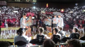 Miami Redhawks' Men's Basketball starters await their introductions in front of a sold-out crowd at Millett Hall.